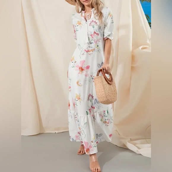 Dresses & Skirts - Floral Maxi Dress with Pink & Yellow Blooms